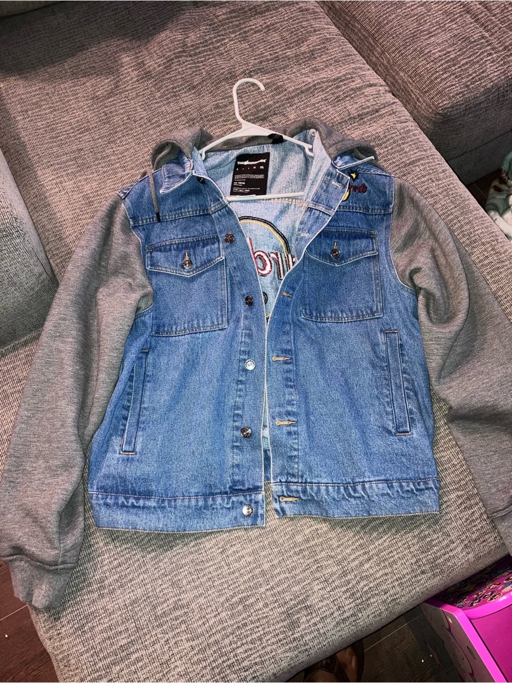 The Hundreds x Hard Rock Cafe Denim Jacket with Gray Knit Hood & Sleeves